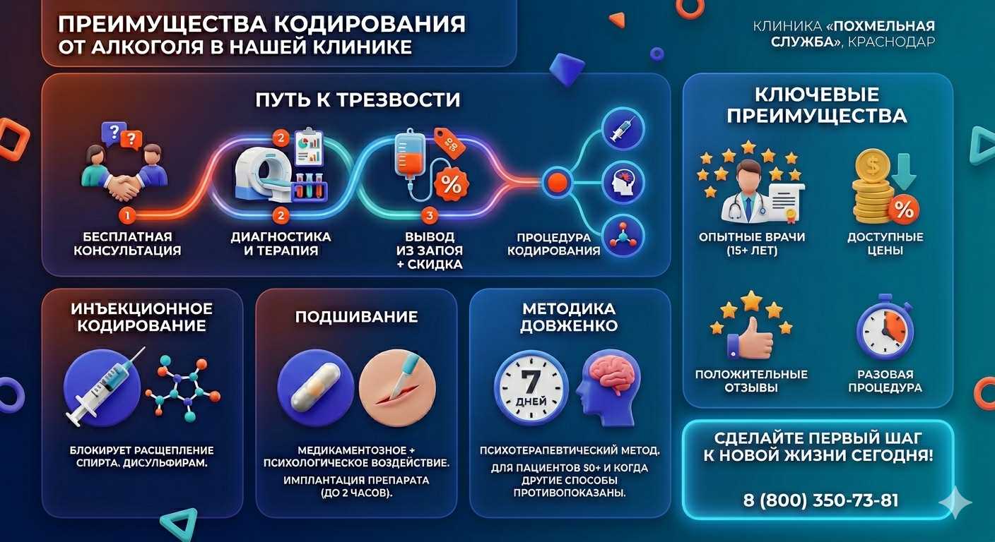 Инфографика о методах кодирования от алкоголя в Бердске: инъекции, подшивание, метод Довженко. Преимущества клиники и этапы лечения.
