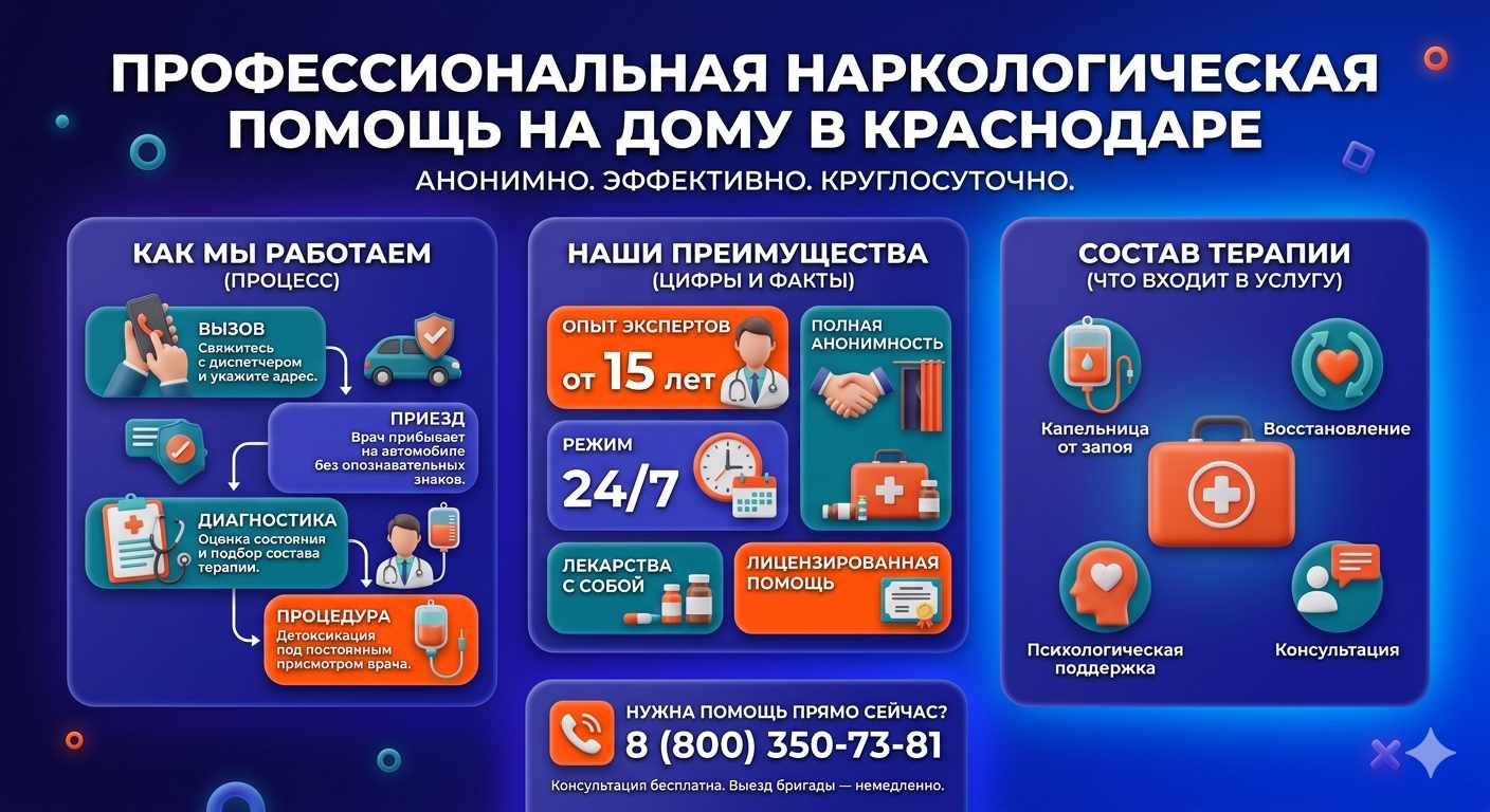 Инфографика о принципах лечения алкоголизма на дому в Бердске: этапы вызова нарколога, преимущества анонимной детоксикации и состав медицинской помощи.